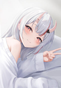 1girl :3 absurdres bed_sheet center-flap_bangs closed_mouth commentary_request hair_between_horns head_on_pillow highres hololive horns kakinotane_e long_hair long_sleeves looking_at_viewer lying nakiri_ayame off_shoulder oni pillow red_eyes red_streaks single_sleeve_past_fingers skin-covered_horns solo sweater v virtual_youtuber white_hair white_sweater