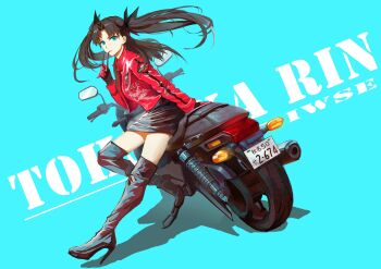1girl alternate_costume aqua_background artist_name black_boots black_bow black_gloves black_skirt boots bow brown_hair character_name dutch_angle fate/stay_night fate_(series) female_focus floating_hair full_body gloves hair_bow hair_ribbon handlebar high_heel_boots high_heels highres holding holding_removed_eyewear iwse_zhang jacket kickstand leaning license_plate long_hair long_sleeves looking_at_viewer miniskirt mirror motor_vehicle motorcycle multicolored_gloves red_gloves red_jacket ribbon shoes simple_background skirt solo standing text_background thigh_boots tohsaka_rin turn_signal twintails two_side_up unworn_eyewear