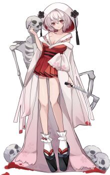 1girl breasts cleavage commentary_request dress etoria full_body geta grey_hair highres holding holding_knife hood hood_up knife large_breasts medium_hair original red_dress red_eyes red_sash sandals sash simple_background skeleton skull socks solo white_background white_hood white_socks