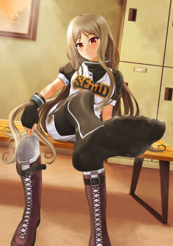 1girl absurdres bal_(uqdf) baseball_uniform black_gloves black_pantyhose black_shirt boots brown_hair cinderella_series closed_mouth commentary_request fingerless_gloves gloves hachigatsu_no_cinderella_nine highres indoors jinguji_sayaka long_hair looking_at_viewer no_shoes on_bench outstretched_leg pantyhose red_eyes removing_shoes seijou_baseball_uniform shirt shirt_under_shirt shoes short_sleeves shorts sitting smell soles solo sportswear sweatdrop unworn_shoes white_shirt white_shorts window