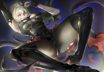 Rule 34 | 1girl, absurdres, arknights, armpits, black boots, black gloves, black leotard, boots, breasts, cleavage, commentary, eye mask, gloves, grey hair, high heel boots, high heels, highres, holding, holding mask, large breasts, leotard, mask, open mouth, pantyhose, short hair, smile, solo, thigh boots, torn clothes, torn pantyhose, w (arknights), xiaoye eago, yellow eyes