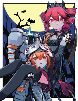 2girls a.i._voice adachi_rei alternate_costume armor bare_tree bat_(animal) black_dress black_thighhighs carrying detached_sleeves disembodied_head dress drill_hair frilled_dress frills full_moon halloween helmet highres kasane_teto looking_at_viewer moon multiple_girls orange_eyes orange_hair princess_carry red_eyes red_hair teckinder thighhighs tree twin_drills utau