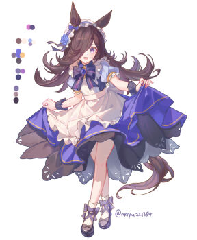 1girl alternate_costume animal_ears apron black_skirt black_wrist_cuffs blue_flower blue_rose blue_shirt blue_skirt blush bow brown_hair color_guide commentary_request flipped_hair flower hair_over_one_eye headdress horse_ears horse_girl horse_tail long_hair looking_at_viewer open_mouth puffy_short_sleeves puffy_sleeves purple_eyes rice_shower_(umamusume) rose shirt short_sleeves simple_background skirt smile solo synzmayu tail umamusume waist_apron white_apron wrist_cuffs
