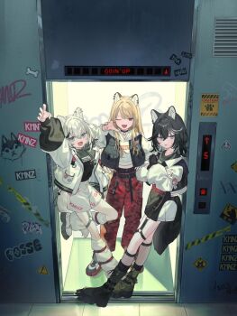 3girls :d :p ;d against_wall animal_ear_piercing animal_ears arm_up black_boots black_choker black_hair black_jacket black_shirt black_skirt blonde_hair blue_eyes boots choker clothes_writing commentary_request cropped_hoodie crossed_arms dog_ears dog_girl dog_tail elevator hand_up highres hood hoodie jacket jewelry kmnz lita_(kmnz) long_hair loose_socks medium_hair miniskirt multicolored_jacket multiple_girls necklace nero_(kmnz) official_art one_eye_closed open_clothes open_jacket open_mouth pants purple_eyes red_pants shirt shoes shorts shugao skirt smile sneakers socks standing tail tina_(kmnz) tongue tongue_out two-tone_jacket two-tone_skirt virtual_youtuber white_hair white_hoodie white_jacket white_shoes white_shorts white_skirt white_socks