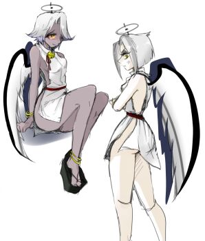 2girls angel angel_wings anger_vein anklet ass bell black_halo bracelet breasts colored_sclera colored_skin crossed_arms grey_skin halo hazbin_hotel hellaverse highres jewelry lute_(hazbin_hotel) mono_rnrn multiple_girls neck_bell no_bra no_panties pale_skin pink_sclera sandals short_hair sideboob simple_background sitting standing thighs vaggie wings yellow_eyes