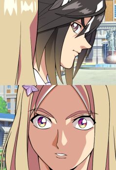 2girls bails black_hair blonde_hair brown_eyes close-up commentary_request gundam gundam_wing horse_girl meme multicolored_eyes multicolored_hair multiple_girls narita_top_road_(umamusume) omae_wo_korosu_(meme) parody purple_eyes scene_reference school_uniform stay_gold_(umamusume) tracen_academy tracen_school_uniform umamusume white_hair yellow_eyes