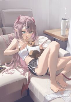 1girl absurdres animal armpits bare_shoulders barefoot black_shorts blue_eyes breasts brown_hair camisole cat couch crop_top demon_girl demon_horns demon_tail demon_wings dolphin_shorts hair_ornament hairclip highres horns indie_virtual_youtuber long_hair looking_at_viewer low_wings midori_fufu midori_fufu_(vtuber) midriff mole mole_under_eye nail_polish on_couch open_mouth pointy_ears shirt short_shorts shorts sleeveless sleeveless_shirt small_breasts smile solo tail thighs toenail_polish toenails virtual_youtuber white_shirt wings