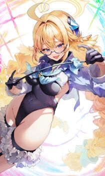 1girl 46_coffee :d ahoge aqua_neckerchief black_gloves black_leotard blue_archive blue_eyes blue_sailor_collar blue_shrug braid braided_twintails breasts commentary covered_navel fang frilled_thigh_strap glasses gloves hair_intakes hair_ornament half_gloves halo halter_leotard halterneck highleg highleg_leotard highres holding holding_riding_crop large_breasts leotard long_hair looking_at_viewer low_twin_braids neckerchief open_mouth orange_hair riding_crop sailor_collar shimiko_(blue_archive) shimiko_(magical)_(blue_archive) shrug_(clothing) skin_fang smile solo thigh_strap twin_braids very_long_hair yellow_halo