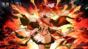 1girl absurdly_long_hair bare_shoulders black_bow black_collar black_jacket black_sleeves bow braid breasts changli_(wuthering_waves) chinese_commentary cleavage closed_mouth collar colored_extremities commentary_request cowboy_shot detached_sleeves dress feather_hair fire hair_between_eyes hair_bow hair_extensions hair_intakes hair_ornament halterneck highres holding holding_sword holding_weapon jacket kuji-in large_breasts logo long_hair looking_at_viewer multicolored_hair official_art official_wallpaper pink_hair ponytail red_hands ring_hair_extensions smile solo straight-on sword tacet_mark_(wuthering_waves) thigh_strap twin_braids two-tone_hair very_long_hair weapon white_bow white_dress white_hair wuthering_waves yellow_eyes