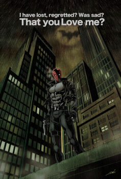 1boy bat_signal batman_(series) city dc_comics english_text engrish_text gloves gun helmet jacket jason_todd male_focus muscular p_(ilu) rain ranguage red_hood red_hood_(dc) solo standing weapon