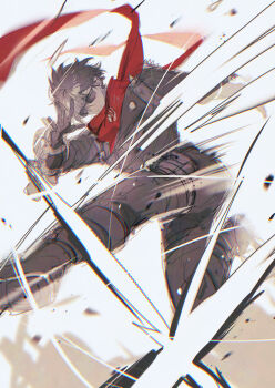 1boy arm_up black_pants black_shoes debris green_eyes highres jacket kicking leather leather_jacket leg_up lighter_(zenless_zone_zero) looking_at_viewer male_focus merry_(secilhodoshima) motion_blur outstretched_arm pants pouch red_pupils red_scarf scarf shoes short_hair shoulder_spikes solo sparkle spiked_jacket spikes studded_gloves sunglasses thigh_pouch zenless_zone_zero