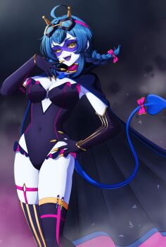 1girl absurdres alternate_costume black_sclera blue_hair blush braid breasts cape cleavage colored_sclera colored_skin curvy demon_girl domino_mask eye_mask frilled_leotard frills gloves goggles goggles_on_head grey_skin highleg highleg_leotard highres large_breasts laughing leotard mask potion purple_leotard sharp_teeth shiny_clothes socks_agency solo tail teeth test_tube thick_thighs thighhighs thighs tiefling twin_braids virtual_youtuber yellow_eyes yomi_quinnley