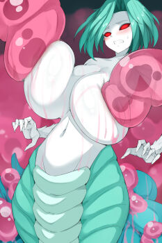 1girl blurry blurry_background blush bon-chi breast_expansion breasts colored_sclera colored_skin empty_eyes female_focus fingernails green_hair huge_breasts lamia monster_girl navel open_mouth original red_sclera sharp_fingernails shiny_skin short_hair slime_(creature) slime_(substance) solo sweat white_skin