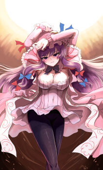 1girl arms_up black_pantyhose blush breasts cleavage commentary_request covered_navel crescent crescent_hat_ornament dress embarrassed hair_ribbon hat hat_ornament highres large_breasts long_hair long_sleeves mob_cap namiki_(remiter00) pantyhose patchouli_knowledge purple_dress purple_eyes purple_hair purple_hat ribbon solo tears touhou tress_ribbon very_long_hair wavy_mouth