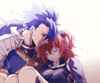 0nodera 1boy 1girl armor black_gloves blue_hair carrying closed_eyes closed_mouth commentary_request cu_chulainn_(fate) cu_chulainn_(fate/prototype) earrings fate/grand_order fate_(series) fujimaru_ritsuka_(female) fujimaru_ritsuka_(female)_(polar_chaldea_uniform) gloves hair_between_eyes jewelry long_hair necklace one_side_up orange_hair parted_lips ponytail princess_carry red_eyes twitter_username white_background