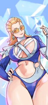 absurdres artist_name bikini breasts cleavage fantastic_four finger_heart highres large_breasts marvel marvel_rivals navel revelart sue_storm sunglasses swimsuit