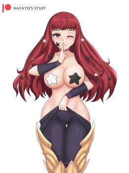 Rule 34 | 1girl, bodysuit, breasts, choker, commentary, facial mark, finger to mouth, fire emblem, fire emblem engage, hair ornament, hayato stuff, highres, large breasts, long hair, looking at viewer, mismatched pasties, nintendo, pasties, pink choker, purple bodysuit, red eyes, red hair, shushing, smile, solo, star (symbol), star facial mark, star hair ornament, star pasties, yunaka (fire emblem)