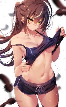 ahoge bare_arms bare_shoulders black_shirt black_shorts black_thighhighs breasts brown_hair clothes_lift collarbone expressionless feathers groin highres hip_bones hololive hololive_english looking_at_viewer midriff motion_blur multicolored_hair nanashi_mumei navel off_shoulder ponytail shirt shirt_lift short_shorts shorts small_breasts stomach streaked_hair tank_top the0neulost thigh_gap thighhighs thighs underboob virtual_youtuber white_background yellow_eyes