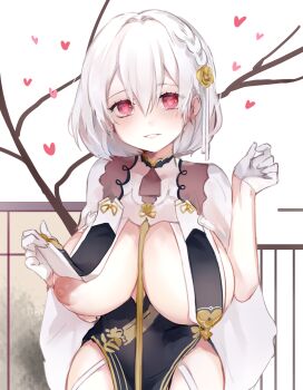 1girl azur_lane bare_tree black_dress blush braid breast_curtain breast_curtain_lift breasts cape commentary dress flower gloves hair_between_eyes hair_flower hair_ornament heart heart_in_eye huge_breasts lifting_own_clothes looking_at_viewer medium_hair nee_(nuuu_ee) nipples official_alternate_costume pink_eyes puffy_nipples sirius_(azur_lane) sirius_(azure_horizons)_(azur_lane) smile solo symbol-only_commentary symbol_in_eye thighs tree white_background white_cape white_gloves white_hair yellow_flower