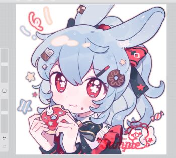 1girl :3 :t animal_ears art_program_in_frame black_bow black_bowtie black_shirt blue_hair bow bowtie closed_mouth commentary donut dot_nose double-parted_bangs fanqiealxe flower-shaped_pupils food food_on_face hair_between_eyes highres holding holding_donut holding_food long_hair long_sleeves looking_at_viewer original portrait procreate_(medium) procreate_(software) rabbit_ears rabbit_girl red_eyes sample_watermark shirt simple_background solo symbol-only_commentary symbol-shaped_pupils watermark white_background