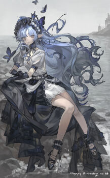1girl absurdres black_gloves black_hairband black_shoes black_skirt blue_hair bug butterfly dress full_body gloves hairband happy_birthday high_heels highres huang_du_du insect lace lace-trimmed_gloves lace-trimmed_skirt lace_trim long_hair ocean original outdoors parted_bangs parted_lips pointy_ears red_eyes shoes short_sleeves sitting skirt solo water white_dress