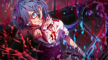 1girl aura blood blood_on_arm blood_on_clothes blood_on_face blood_on_ground blood_splatter blue_eyes blue_hair broken_window chair collared_shirt crazy dark_aura game_cg hallway highres higurashi_no_naku_koro_ni higurashi_no_naku_koro_ni_mei holding_chair indoors kurosawa_chisame long_hair miniskirt neckerchief non-web_source official_art pleated_skirt red_neckerchief red_skirt school school_chair school_uniform shirt short_sleeves skirt solo teeth walking wet_lens white_shirt wooden_floor