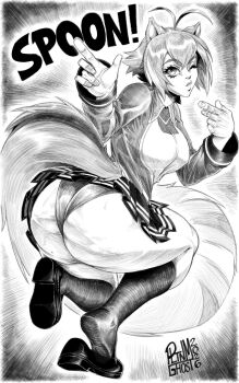 1girl animal_ears ass ass_focus blazblue breasts from_behind jacket large_breasts long_sleeves makoto_nanaya miniskirt monochrome one_eye_closed pltnm_ghost school_uniform shoes skirt socks squirrel_ears squirrel_girl squirrel_tail tail thong wink