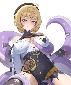 1girl absurdres beret black_hat blonde_hair blush breasts cleavage closed_mouth commentary_request green_pupils hat highres icetea_art large_breasts looking_at_viewer mole mole_under_mouth monster_girl multicolored_hair purple_eyes scylla short_hair simple_background single_thighhigh smile solo tentacles thighhighs thighs two-tone_hair white_background yidhari_murphy zenless_zone_zero