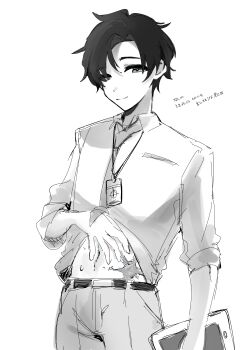 Rule 34 | 1boy, absurdres, blue archive, blue archive the animation, clothes lift, dantyou2525, formal clothes, greyscale, highres, holding, holding tablet pc, lanyard, lifting own clothes, light smile, looking at viewer, male focus, monochrome, scar, scar on stomach, sensei (blue archive), sensei (blue archive the animation), shirt lift, simple background, solo, tablet pc, translation request