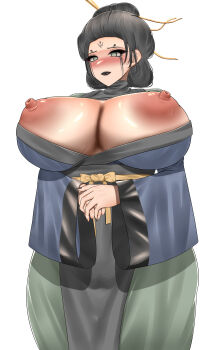 Rule 34 | 1girl, absurdres, bailanxianyu223, black hair, black lips, black myth: wukong, black nails, blush, breasts, breasts out, facial mark, forehead mark, fourth sister (black myth: wukong), grey eyes, hair ornament, highres, huge breasts, large areolae, lipstick, makeup, nipples, simple background, solo, white background