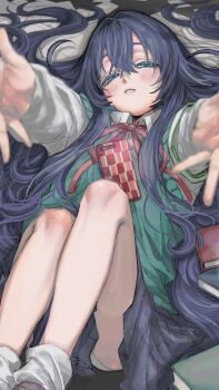 1girl blush book breasts cellphone collared_shirt dr.k_(doctorkodok) green_eyes hair_between_eyes half-closed_eyes highres kimi_no_koto_ga_dai_dai_dai_dai_daisuki_na_100-nin_no_kanojo knees_up long_hair long_sleeves looking_at_viewer loose_socks lying neck_ribbon on_back open_mouth panties panty_peek paper parted_lips phone pleated_skirt reaching reaching_towards_viewer ribbon school_uniform shirt skirt smile socks solo sweater_vest underwear white_shirt yoshimoto_shizuka