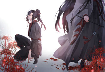 2boys ahoge alternate_hairstyle bishounen black_boots black_hair black_hanfu black_pants blood blood_on_ground boots chenqing_flute chinese_clothes closed_mouth coat cosplay dizi dual_persona flower flute flute_tassel from_side full_body grey_coat hair_bun hair_down hair_ribbon hanfu head_out_of_frame high_ponytail highres holding holding_flute holding_instrument instrument koma_hase long_hair long_sleeves looking_to_the_side male_focus mo_xuanyu mo_xuanyu_(cosplay) modao_zushi multiple_boys official_alternate_costume on_one_knee open_clothes open_coat out_of_frame pants ponytail purple_eyes red_flower red_ribbon red_sash ribbon robe sash sidelocks single_hair_bun smile solo_focus spider_lily standing tassel time_paradox transverse_flute twitter_username very_long_hair wei_wuxian wei_wuxian_(yiling_laozu) white_background wide_sleeves
