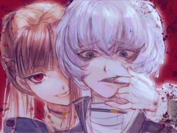 1boy 1girl asymmetrical_bangs bandaged_hand bandages braid chidouin_sara grey_eyes highres kageyama_ranmaru kimi_ga_shine long_sleeves looking_at_viewer open_mouth orange_hair ponytail pulling red_background red_eyes school_uniform short_hair smile white_hair yezizizzzz02