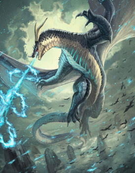 absurdres animal bird black_skin blue_fire breath claws cloud cloudy_sky colored_skin dragon fire flying highres horns mountain open_mouth original robuja rock scales scenery sharp_teeth sky teeth wings