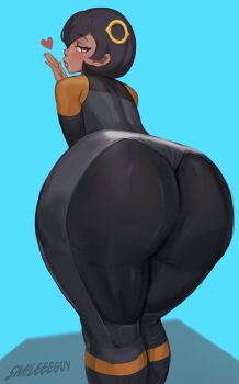 1girl ass ass_focus black_hair blowing_kiss dark-skinned_female dark_skin emma_(pokemon) from_behind heart nintendo pokemon pokemon_legends:_z-a purple_eyes short_hair smileguy