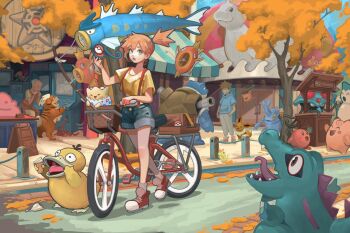 1girl animal asymmetrical_hair autumn_leaves bag bicycle blastoise blue_oak breasts caterpie charizard clefairy day denim denim_shorts dewgong ditto dustin_panzino eevee gen_1_pokemon gen_2_pokemon gen_4_pokemon green_eyes growlithe gyarados gym_leader hand_in_pocket heracross highres holding holding_poke_ball hoppip kirby leaf magikarp misty_(pokemon) multiple_boys nintendo open_mouth orange_hair outdoors pants pikachu poke_ball poke_ball_(basic) pokemon pokemon_(anime) pokemon_(classic_anime) pokemon_rgby ponytail porygon psyduck riding rotom shirt shoes short_hair short_shorts short_sleeves shorts side_ponytail smile snorlax standing staryu suspenders teeth tentacruel togepi totodile tree walking yellow_shirt
