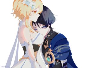 Rule 34 | 1boy, 1girl, anemo symbol (genshin impact), ankko, aqua gem, arm at side, arm cutout, belt, black belt, black bodysuit, black corset, blonde hair, blue cape, blue flower, blue trim, blunt ends, bodysuit, breasts, cape, choppy bangs, closed mouth, clothing cutout, commentary request, corset, covered collarbone, detached sleeves, dress, expressionless, eyelashes, eyeliner, flower, gem, genshin impact, gold, hair flower, hair ornament, head on another's shoulder, hetero, highres, japanese clothes, kimono, korean commentary, looking at another, looking to the side, lumine (genshin impact), makeup, mandarin collar, medium breasts, multicolored flower, open clothes, open kimono, purple eyes, purple rope, purple sash, red eyeliner, rope, sash, scaramouche (genshin impact), scarf, short hair, short hair with long locks, sidelocks, single bare shoulder, tsurime, twitter username, vambraces, wanderer (genshin impact), white dress, white flower, white kimono, white scarf, white trim, yellow eyes