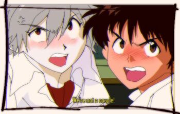 19saiyo 2boys anger_vein blush border brown_eyes brown_hair collared_shirt commentary english_commentary fake_screenshot grey_hair ikari_shinji male_focus multiple_boys nagisa_kaworu neon_genesis_evangelion open_mouth portrait red_eyes shirt short_hair teeth upper_teeth_only white_border yaoi