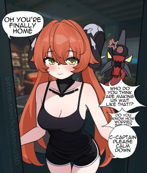 1girl absurdres alternate_costume anger_vein arutemisu180 bare_arms bare_shoulders black_horns black_shorts black_tank_top blurry blurry_background blush breasts cleavage closed_mouth collarbone commentary cowboy_shot crossed_bangs curled_horns dolphin_shorts doorway dragon_girl dragon_horns english_commentary english_text game_screenshot_background green_eyes gun hair_between_eyes highres horns indoors large_breasts leaning_forward long_hair looking_at_viewer magus_(zenless_zone_zero) mechanical_tail orange_hair orange_pupils orphie_magnusson patreon_username pov_doorway screenshot_background shorts smile speech_bubble tail tank_top twintails weapon zenless_zone_zero