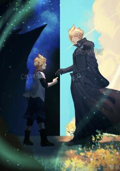 2boys aged_down black_gloves black_pants black_shirt blonde_hair blue_sky cloud cloud_strife cloudy_sky commentary cynam1nt detached_sleeves dual_persona english_commentary fenrir_(final_fantasy) final_fantasy final_fantasy_vii final_fantasy_vii:_advent_children final_fantasy_vii_remake flower from_side full_body gloves highres looking_at_another low_ponytail male_focus mountain multiple_boys nibelheim night night_sky pants ponytail profile shirt short_hair single_detached_sleeve single_shoulder_pad sky smile spiked_hair standing star_(sky) starry_sky t-shirt white_shirt yellow_flower