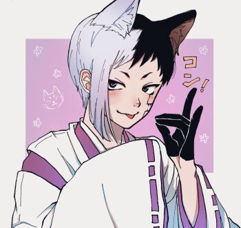 Rule 34 | 1boy, animal ear fluff, animal ears, asagiri gen, asymmetrical hair, black eyes, black gloves, black hair, blush, cat boy, cat ears, closed mouth, dr. stone, extra ears, facial mark, fox boy, fox ears, fox shadow puppet, gloves, highres, hinabutters, japanese clothes, kemonomimi mode, kimono, long sleeves, looking at viewer, male focus, multicolored hair, purple background, ribbon-trimmed sleeves, ribbon trim, short hair, sleeves past fingers, sleeves past wrists, smile, solo, split-color hair, tongue, tongue out, two-tone hair, upper body, white hair