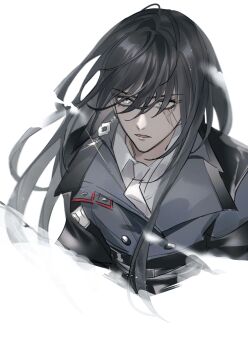 1girl absurdres belt black_belt black_hair blue_coat chest_belt coat collared_coat collared_shirt commentary_request cropped_torso earrings eyelashes floating_earrings floating_hair gleam hair_over_eyes highres jewelry light_particles long_hair long_sleeves looking_at_viewer military_uniform multiple_belts necktie parted_lips path_to_nowhere rahu_(path_to_nowhere) scar scar_across_eye scar_on_face shirt sidelocks simple_background single_earring solo toho10min very_long_hair white_background white_eyes white_necktie white_shirt wind