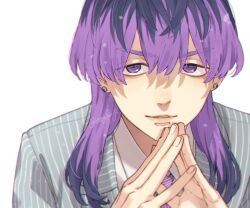 Rule 34 | 1boy, blue suit, close-up, collared shirt, ear piercing, formal, haitani rindou, leaning forward, light blue jacket, light smile, looking at viewer, male focus, medium hair, mog ky, multicolored hair, necktie, own hands together, parted lips, piercing, portrait, purple eyes, purple hair, purple necktie, shirt, simple background, solo, striped clothes, suit, tokyo revengers, twitter username, two-tone hair, white shirt, wolf cut