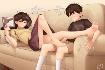 1boy 1girl absurdres age_difference bare_legs black_shirt blush book bright_pupils brother_and_sister brown_hair brown_shirt brown_shorts cabronpr closed_mouth commentary couch dated english_commentary feet hair_between_eyes hand_up hetero highres holding holding_book incest knee_up legs long_hair looking_at_viewer looking_down lying mari_(omori) omori on_couch onee-shota purple_skirt raised_inner_eyebrows ribbed_socks shirt short_hair short_sleeves shorts siblings signature sitting skirt socks soles steaming_body sunny_(omori) toenails toes trembling white_pupils white_socks wide-eyed