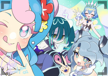 4girls aqua_eyes aqua_hair bare_shoulders blue_nails blush closed_eyes closed_mouth collarbone commentary_request commission dress fairy_miku_(project_voltage) fingernails flower flying_miku_(project_voltage) ghost_girl ghost_miku_(project_voltage) glitch gloves green_hair hair_between_eyes hair_flower hair_ornament hatsune_miku heart heart_in_eye highres homi28 long_hair looking_at_viewer multiple_girls multiple_persona nail_polish nintendo official_alternate_costume official_alternate_hairstyle one_eye_closed open_mouth pink_hair pink_nails pokemon prince project_voltage red_flower rock_miku_(project_voltage) signature skeb_commission sleeves_past_fingers sleeves_past_wrists smile strapless strapless_dress symbol_in_eye tongue tongue_out twintails twitter_username upper_body v veil very_long_hair vocaloid white_gloves white_veil yellow_eyes yellow_flower