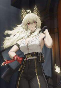 1girl absurdres ahoge arm_strap bare_shoulders black_choker black_gloves black_horns black_jacket black_pants black_tail blonde_hair breasts bright_pupils button_gap choker closed_mouth commentary_request cowboy_shot curled_horns earrings gloves hand_on_own_hip high-waist_pants highres holding holding_jacket holding_unworn_clothes horns jacket jewelry key_earrings large_breasts long_hair looking_at_viewer mole mole_on_breast necktie necktie_around_wrists pants red_eyes red_necktie sa-baaa shirt shirt_tucked_in solo torn_clothes torn_shirt unworn_jacket white_pupils white_shirt wuthering_waves zani_(wuthering_waves)