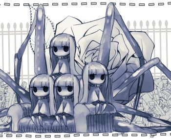 4girls arthropod_limbs blue_theme blunt_bangs clone collar dress eye_(okame_nin) flower highres horror_(theme) jitome long_hair looking_at_viewer monochrome multiple_girls okame_nin original quadruplets rags spiked_collar spikes