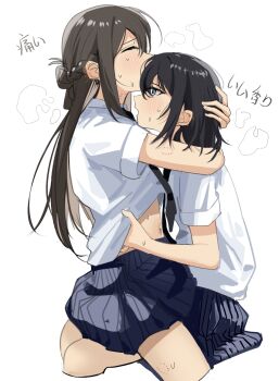 2girls bite_mark bite_mark_on_leg bite_mark_on_neck black_hair blue_skirt blush braid brown_hair commentary corrupted_twitter_file haidao_mao half_up_braid highres hug long_hair midriff miyagi_shiori multiple_girls navel open_mouth pleated_skirt school_uniform sendai_hazuki shirt short_hair shuuniichido_classmate_wo_kau_hanashi sidelocks simple_background skirt straddling sweat translation_request white_background white_shirt yuri