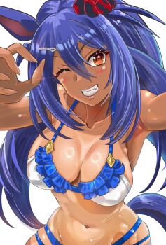 1girl animal_ears artist_request bikini commentary dark-skinned_female dark_skin ear_ornament highres hishi_amazon_(umamusume) horse_ears horse_girl horse_tail non-web_source second-party_source solo swimsuit tail umamusume