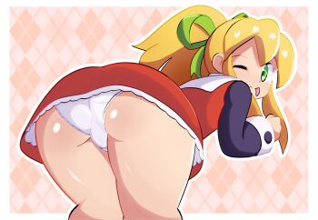 1girl :p ass ass_focus bad_tag bent_over blonde_hair dress green_eyes hair_ribbon highres huge_ass kyojiri_loli legs loli long_hair long_sleeves lunawolfa mega_man_(classic) mega_man_(series) one_eye_closed panties ponytail red_dress ribbon roll shiny_skin solo thick_thighs thighs tongue tongue_out underwear white_panties